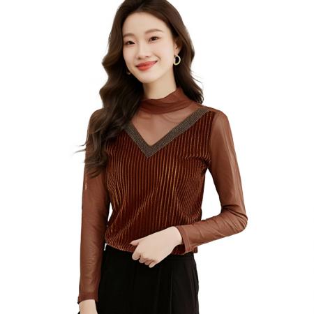 FA42746# 新款金丝绒竖条设计感洋气内搭T恤高领烫钻打底小衫 服裝批發女裝批發服飾貨源