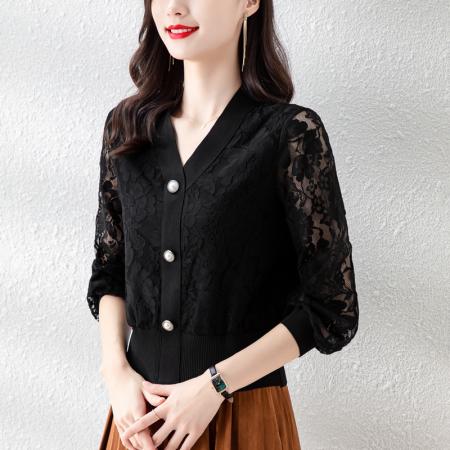 FA42747# 秋季新款V领蕾丝法式上衣设计感小众高级感气质小衫 服裝批發女裝批發服飾貨源