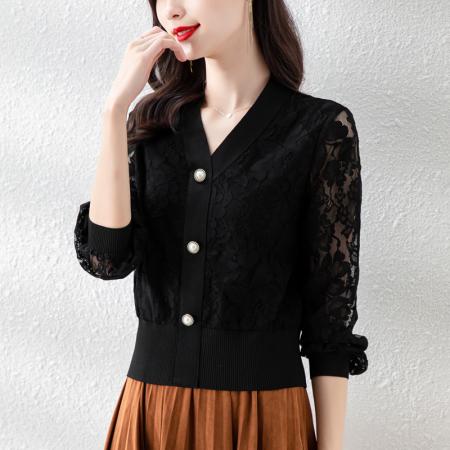 FA42747# 秋季新款V领蕾丝法式上衣设计感小众高级感气质小衫 服裝批發女裝批發服飾貨源