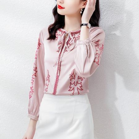 FA42749# 秋款法式蝴蝶结高端仿真丝衬衫女长袖设计感印花上衣 服裝批發女裝批發服飾貨源
