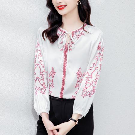 FA42749# 秋款法式蝴蝶结高端仿真丝衬衫女长袖设计感印花上衣 服裝批發女裝批發服飾貨源