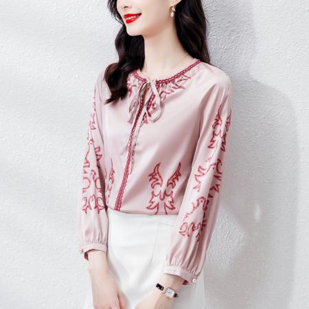 FA42749# 秋款法式蝴蝶结高端仿真丝衬衫女长袖设计感印花上衣 服裝批發女裝批發服飾貨源