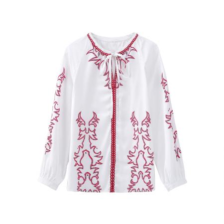 FA42749# 秋款法式蝴蝶结高端仿真丝衬衫女长袖设计感印花上衣 服裝批發女裝批發服飾貨源