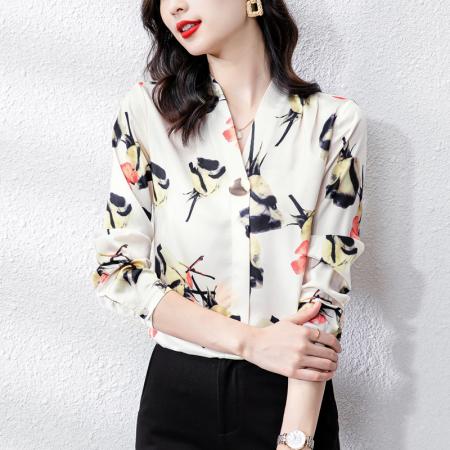 FA42753# 新款v领衬衣重磅仿真丝印花长袖高端气质大码女上衣 服裝批發女裝批發服飾貨源
