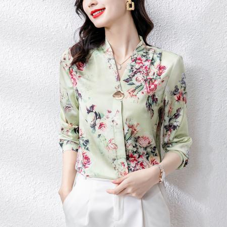 FA42753# 新款v领衬衣重磅仿真丝印花长袖高端气质大码女上衣 服裝批發女裝批發服飾貨源