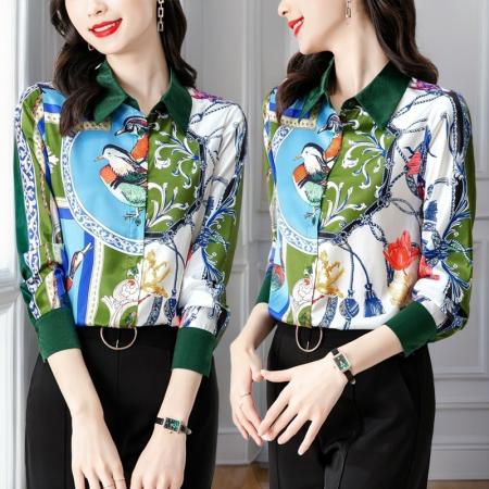 FA42755# 秋新款欧货缎面长袖撞色印花衬衫女设计感小众高端上衣 服裝批發女裝批發服飾貨源