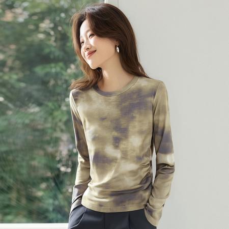 FA42758# 长袖设计感宽松套头上衣女秋新款韩国网印花圆领T恤 服裝批發女裝批發服飾貨源