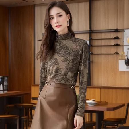 FA42759# 长袖上衣烫钻半高领修身高级水墨画打底衫女秋新款印花T恤 服裝批發女裝批發服飾貨源