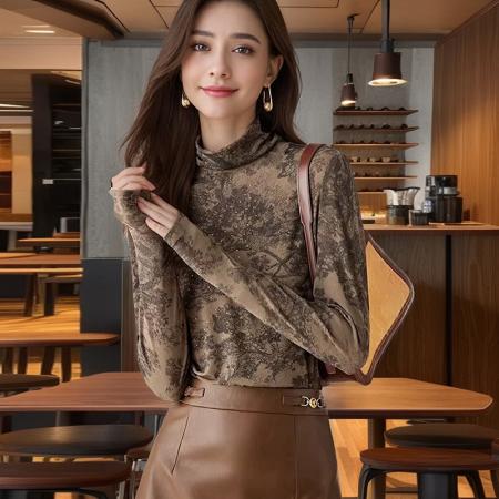 FA42759# 长袖上衣烫钻半高领修身高级水墨画打底衫女秋新款印花T恤 服裝批發女裝批發服飾貨源