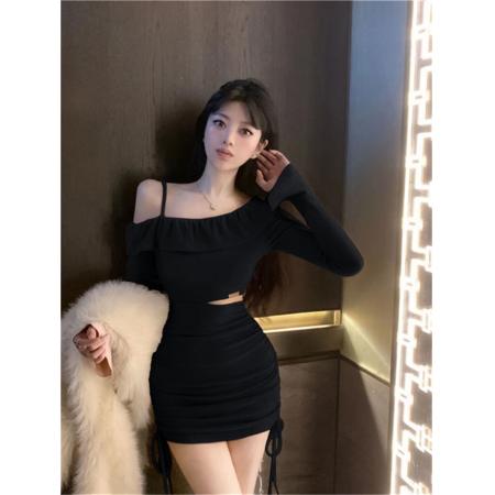 FA42765# 露肩荷叶边修身连衣裙喇叭袖收腰打底包臀裙 服裝批發女裝批發服飾貨源