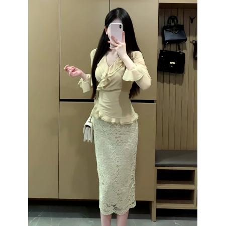 FA42767# 早秋法式荷叶边长袖收腰显瘦上衣+性感蕾丝拼接半身裙两件套装女 服裝批發女裝批發服飾貨源