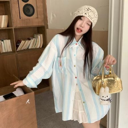 FA42769# 薄荷冰蓝质感竖条纹长袖衬衫薄外套女百搭设计感叠穿 服裝批發女裝批發服飾貨源