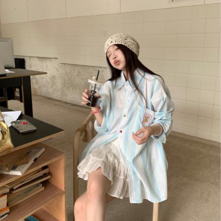 FA42769# 薄荷冰蓝质感竖条纹长袖衬衫薄外套女百搭设计感叠穿 服裝批發女裝批發服飾貨源