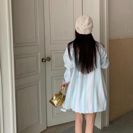 FA42769# 薄荷冰蓝质感竖条纹长袖衬衫薄外套女百搭设计感叠穿 服裝批發女裝批發服飾貨源