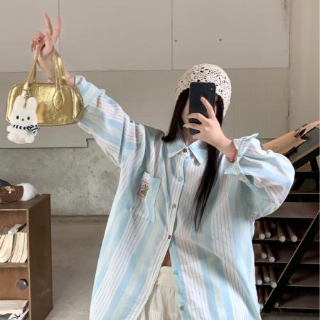 FA42769# 薄荷冰蓝质感竖条纹长袖衬衫薄外套女百搭设计感叠穿 服裝批發女裝批發服飾貨源