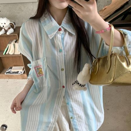 FA42769# 薄荷冰蓝质感竖条纹长袖衬衫薄外套女百搭设计感叠穿 服裝批發女裝批發服飾貨源