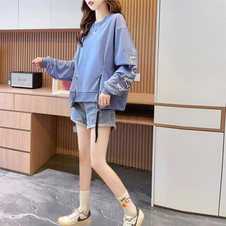 FA42770# 鱼鳞春秋季小众卫衣女拉链薄款蓝色oversize印花 服裝批發女裝批發服飾貨源