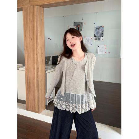 FA42780# 甜美设计感小众针织开衫+蕾丝花边拼接内搭背心两件套装 服裝批發女裝批發服飾貨源