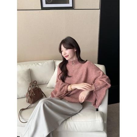 FA42782# 法式慵懒设计感半高领蝙蝠袖套头毛衣 服裝批發女裝批發服飾貨源