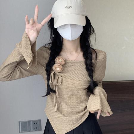 FA42783# 辣妹一字肩长袖T恤女秋内搭立体花朵小衫喇叭袖打底上衣 服裝批發女裝批發服飾貨源