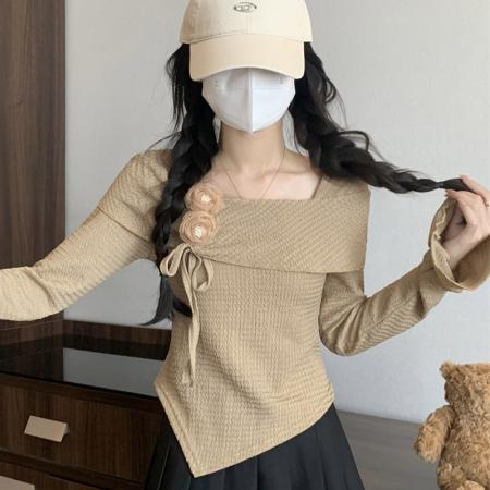 FA42783# 辣妹一字肩长袖T恤女秋内搭立体花朵小衫喇叭袖打底上衣 服裝批發女裝批發服飾貨源