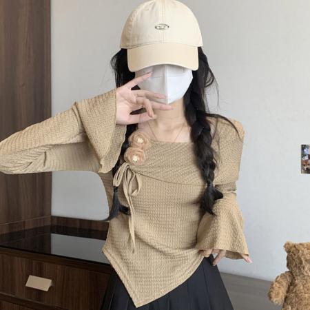 FA42783# 辣妹一字肩长袖T恤女秋内搭立体花朵小衫喇叭袖打底上衣 服裝批發女裝批發服飾貨源