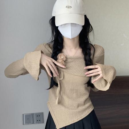 FA42783# 辣妹一字肩长袖T恤女秋内搭立体花朵小衫喇叭袖打底上衣 服裝批發女裝批發服飾貨源