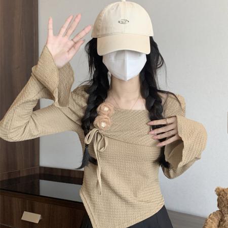 FA42783# 辣妹一字肩长袖T恤女秋内搭立体花朵小衫喇叭袖打底上衣 服裝批發女裝批發服飾貨源