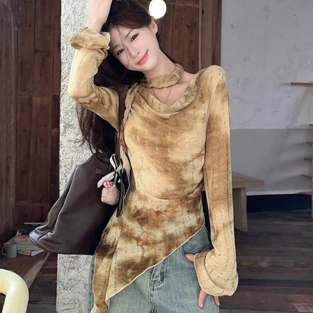 FA42784# 早秋扎染斜肩长袖T恤女小众外穿辣妹风不规则气质上衣 服裝批發女裝批發服飾貨源