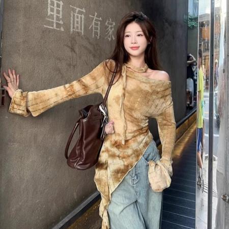 FA42784# 早秋扎染斜肩长袖T恤女小众外穿辣妹风不规则气质上衣 服裝批發女裝批發服飾貨源