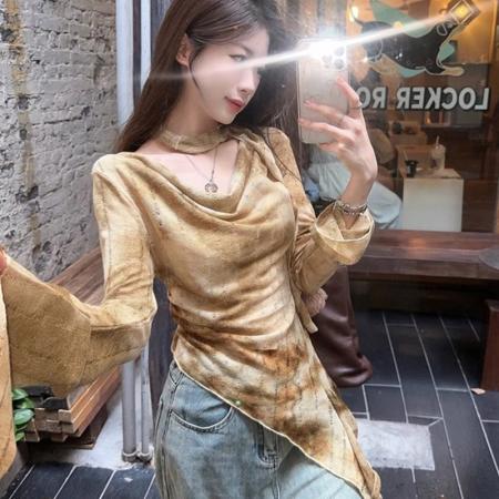 FA42784# 早秋扎染斜肩长袖T恤女小众外穿辣妹风不规则气质上衣 服裝批發女裝批發服飾貨源