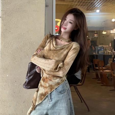 FA42784# 早秋扎染斜肩长袖T恤女小众外穿辣妹风不规则气质上衣 服裝批發女裝批發服飾貨源