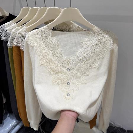 FA42786# 四季青秋季新款纯欲风蕾丝拼接长袖针织衫女洋气显瘦软糯毛衣 服裝批發女裝批發服飾貨源