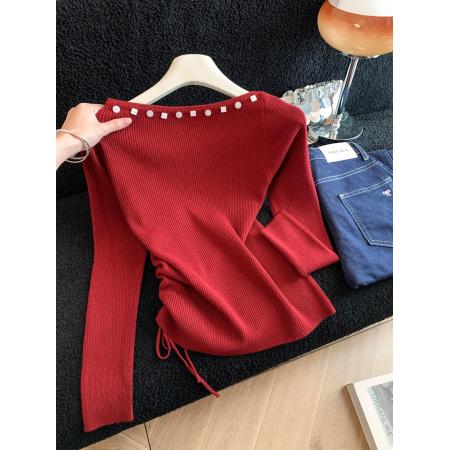 FA42790# 法式纯欲甜辣妹红色斜肩侧边抽绳铆钉设计感秋冬打底针织上衣 服裝批發女裝批發服飾貨源