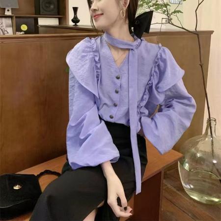 FA42791# 秋季梦幻紫罗兰显白系带荷叶边衬衫 服裝批發女裝批發服飾貨源