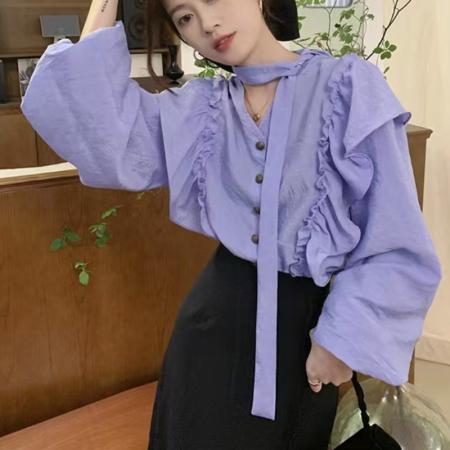 FA42791# 秋季梦幻紫罗兰显白系带荷叶边衬衫 服裝批發女裝批發服飾貨源