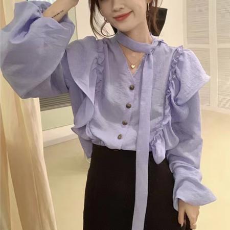 FA42791# 秋季梦幻紫罗兰显白系带荷叶边衬衫 服裝批發女裝批發服飾貨源