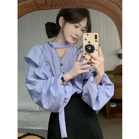 FA42791# 秋季梦幻紫罗兰显白系带荷叶边衬衫 服裝批發女裝批發服飾貨源
