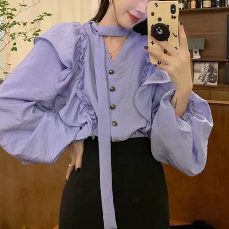 FA42791# 秋季梦幻紫罗兰显白系带荷叶边衬衫 服裝批發女裝批發服飾貨源