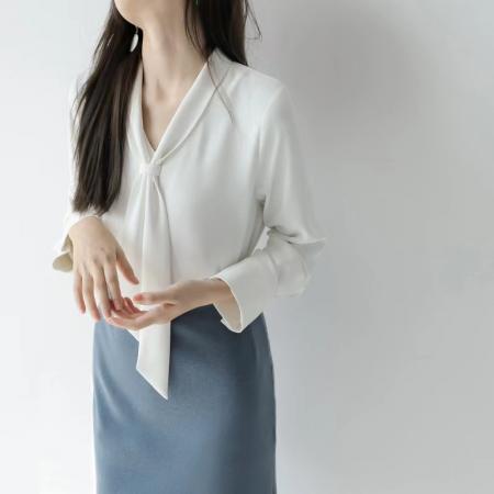 FA42792# 设计感长袖衬衫女春秋飘带领高级感上衣气质通勤白色衬衣 服裝批發女裝批發服飾貨源