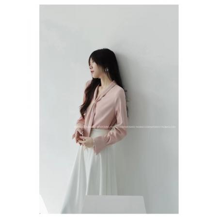 FA42792# 设计感长袖衬衫女春秋飘带领高级感上衣气质通勤白色衬衣 服裝批發女裝批發服飾貨源