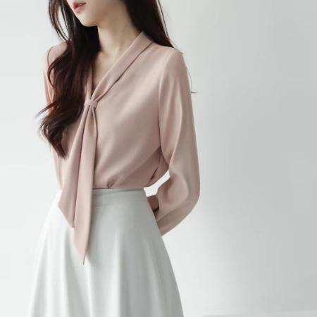 FA42792# 设计感长袖衬衫女春秋飘带领高级感上衣气质通勤白色衬衣 服裝批發女裝批發服飾貨源