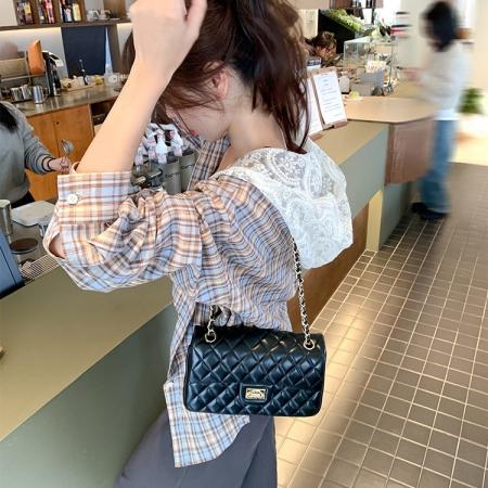 FA42793# 韩系慵懒风连帽上衣女春秋甜酷小个子格纹蕾丝拼接衬衫 服裝批發女裝批發服飾貨源
