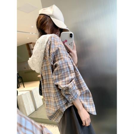 FA42793# 韩系慵懒风连帽上衣女春秋甜酷小个子格纹蕾丝拼接衬衫 服裝批發女裝批發服飾貨源