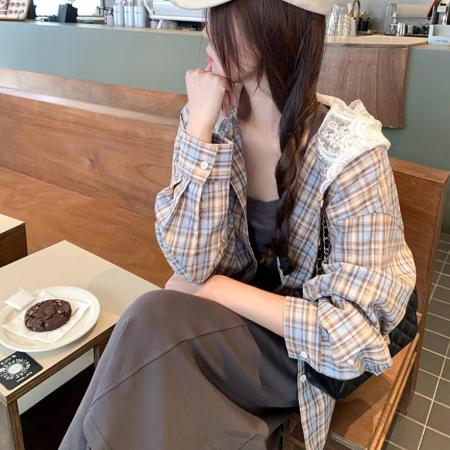 FA42793# 韩系慵懒风连帽上衣女春秋甜酷小个子格纹蕾丝拼接衬衫 服裝批發女裝批發服飾貨源