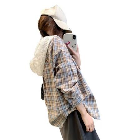 FA42793# 韩系慵懒风连帽上衣女春秋甜酷小个子格纹蕾丝拼接衬衫 服裝批發女裝批發服飾貨源