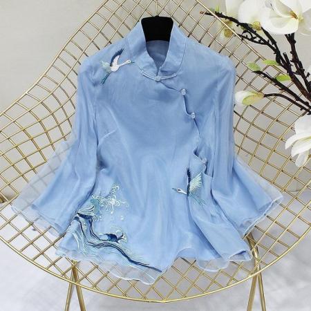LN76301# 新款改良汉服女复古风女装中式仙鹤刺绣长袖短款旗袍唐装上衣