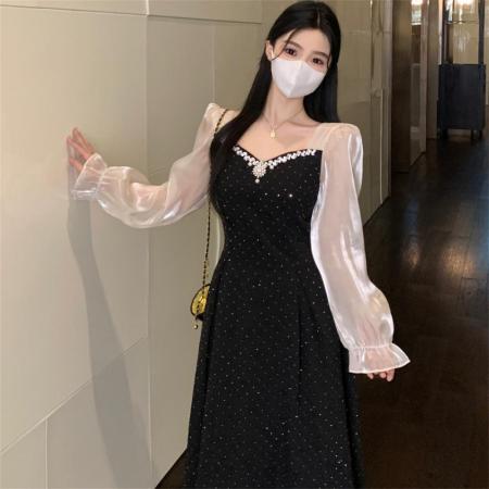 LN76306# 法式复古赫本方领长袖连衣裙春秋新款重工钉珠收腰显瘦假两件长裙