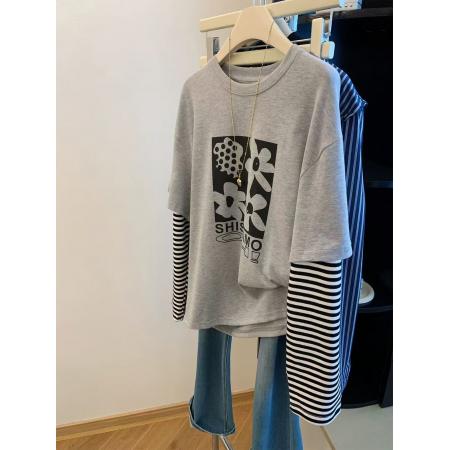 FA42811# 原版面料特大码300斤韩版百搭条纹假两件长袖T恤女韩系设计感上衣 服裝批發女裝批發服飾貨源