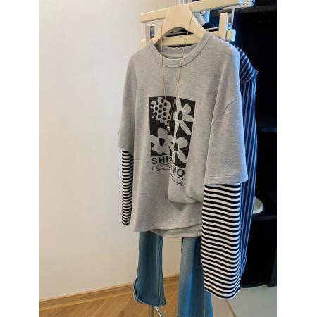 FA42811# 原版面料特大码300斤韩版百搭条纹假两件长袖T恤女韩系设计感上衣 服裝批發女裝批發服飾貨源
